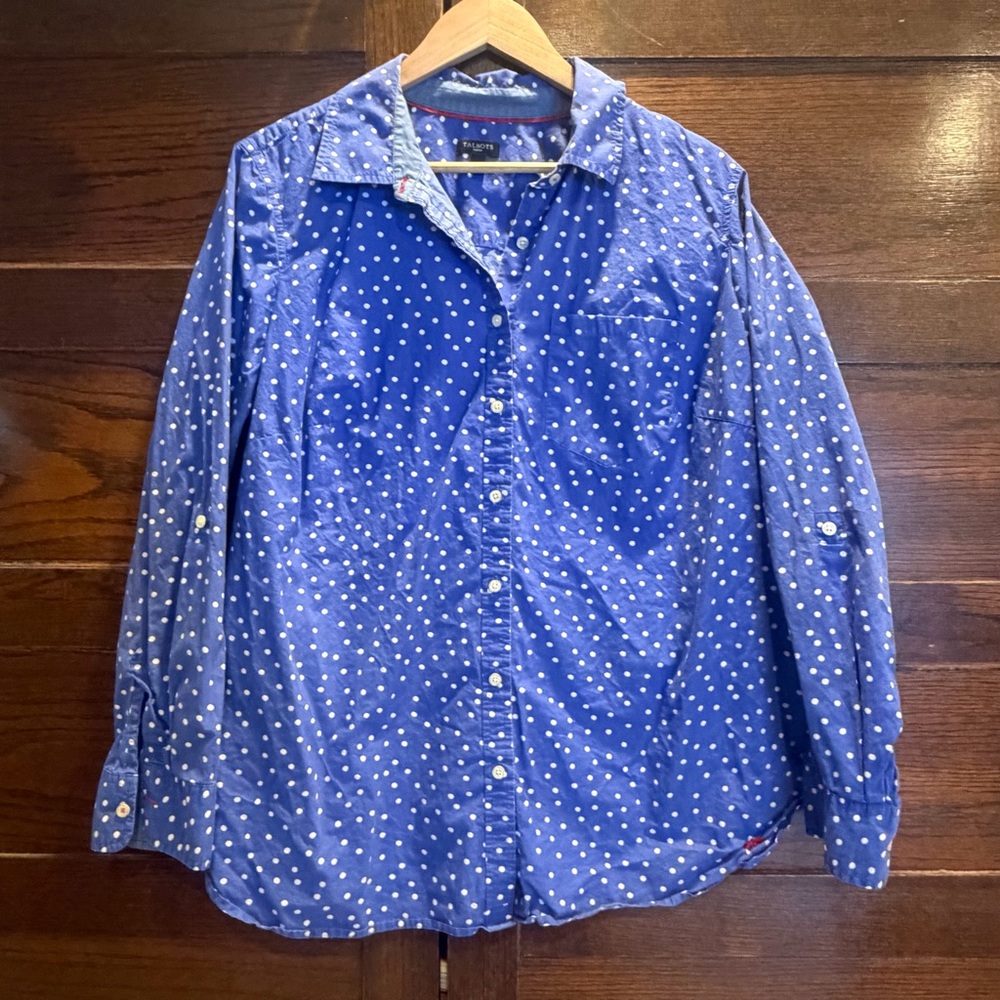 ✅ Talbots 16W Blue White Polka Dot button up shirt top blouse 100% cotton soft